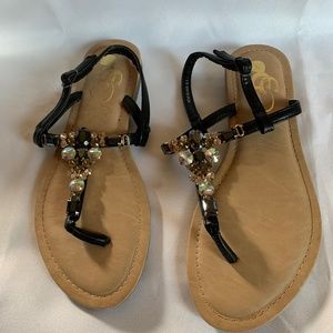 Beautiful Bejeweled EG Sandals in Nova Black Faux Leather!